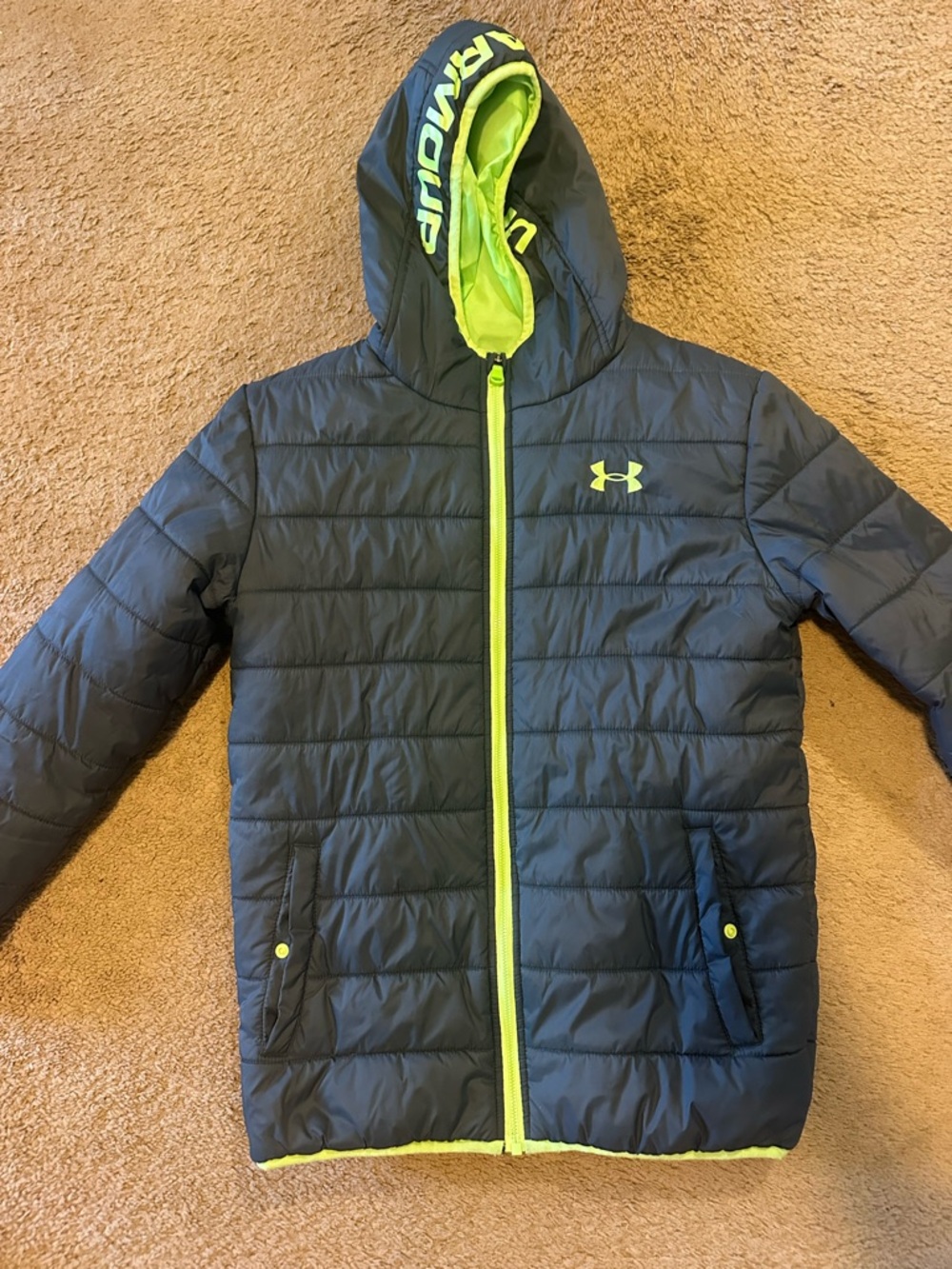 Under Armour Storm Puffer Jacket Youth Boy L Cold Gear Loose Fit Neon Navy Blue
